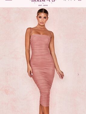House of CB Ruched Bodycon Midi Dress in Dusty Rose